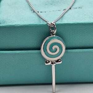 Tiffany & Co. Lollipop Blue Enamel Pendant Charm 18" Necklace Sterling Silver